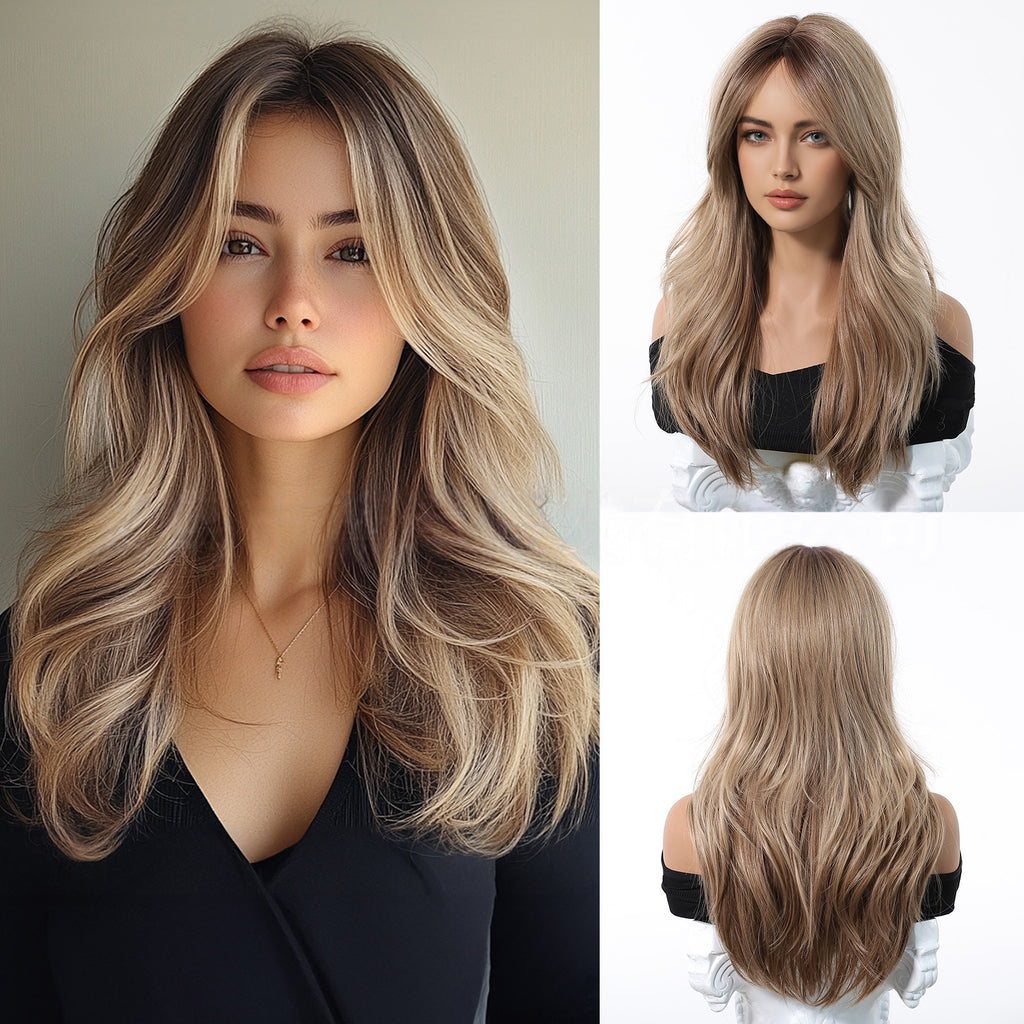 LANA-3  Long Layered Wavy Synthetic Wig with Bangs, Ombre Ash Brown Blonde Wig for Women, Heat Resistant Fiber, Natural Looking, Daily & Party Wear