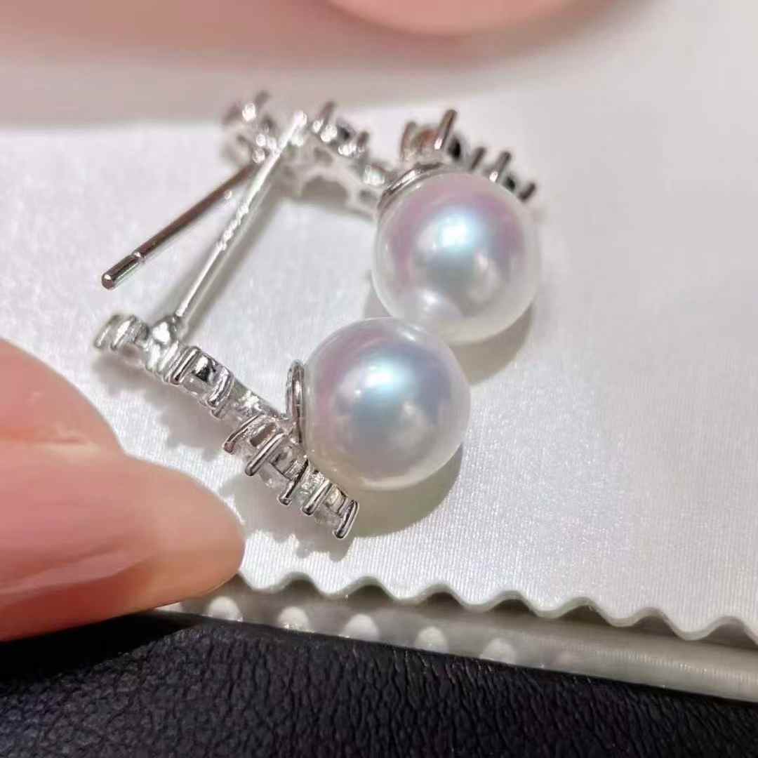 DA. 7-8mm Mikimoto Inspired Pearl Earrings, High Luster Near Flawless Freshwater Studs, Luxury Designer Look-Alike Silver Earrings for Women