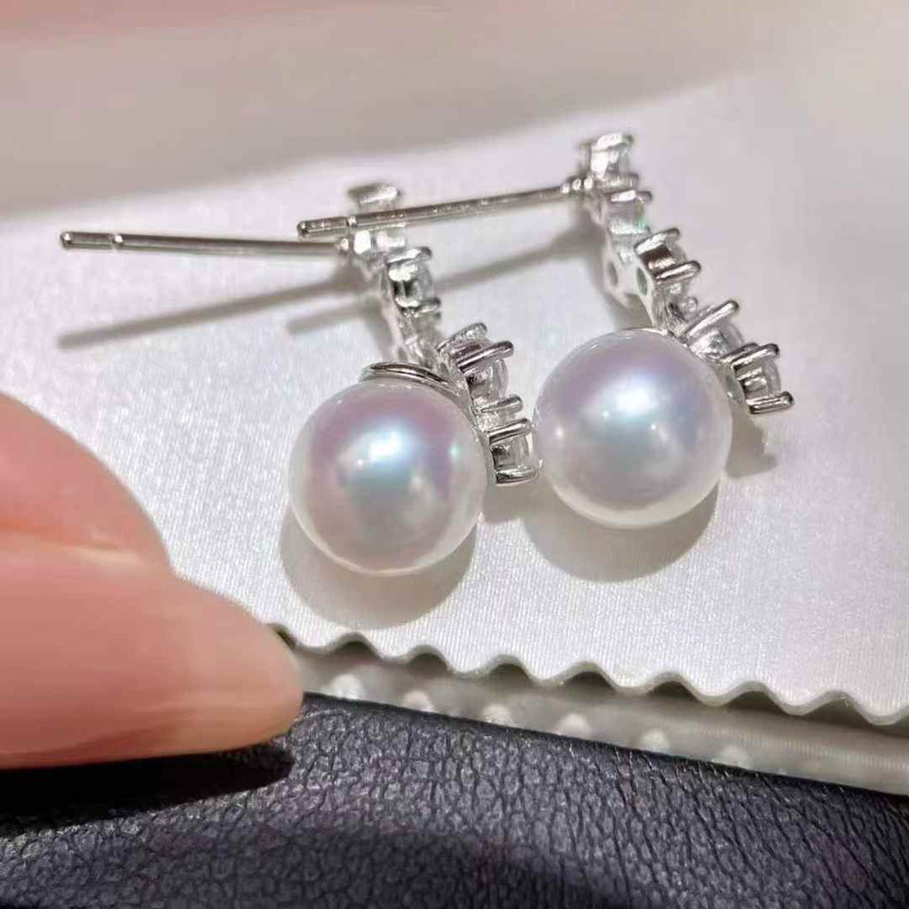 DA. 7-8mm Mikimoto Inspired Pearl Earrings, High Luster Near Flawless Freshwater Studs, Luxury Designer Look-Alike Silver Earrings for Women