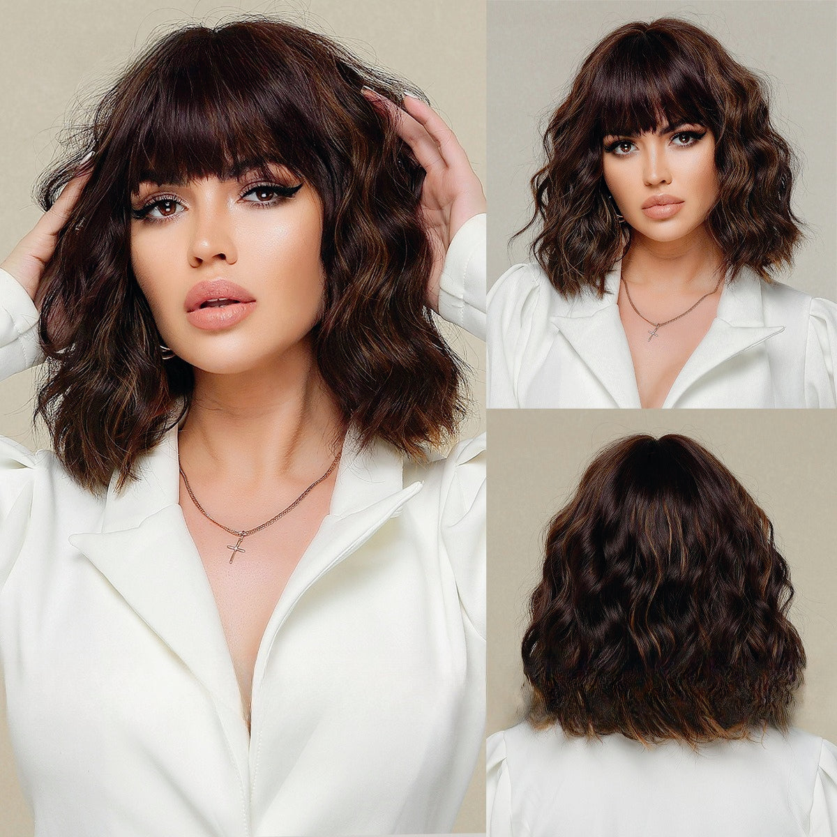 LANA-4  14 Inch Short Curly Bob Wig with Bangs, Natural Wavy Synthetic Wig for Women, Heat Resistant Fiber, Glueless Daily Party Wig, Lightweight & Breathable
