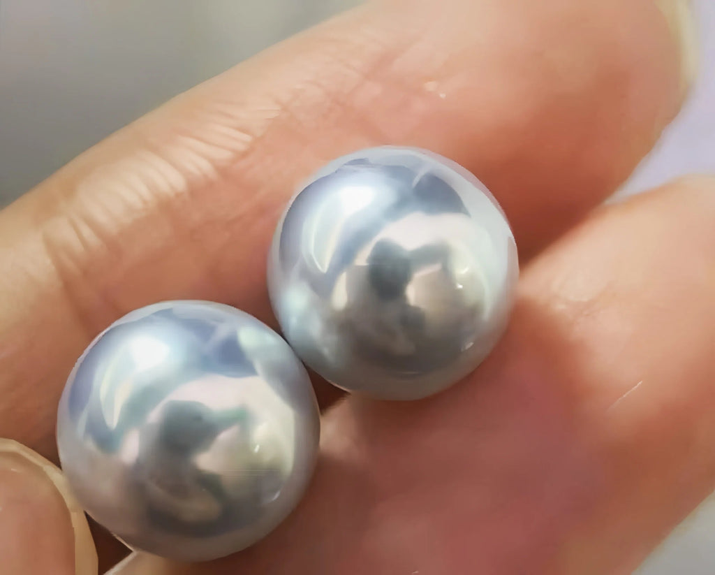 DA   11-12mm Silver Blue South Sea Pearl Pair, High Luster Round Australian White Pearl, Natural Color Loose Gemstones for Earrings Setting