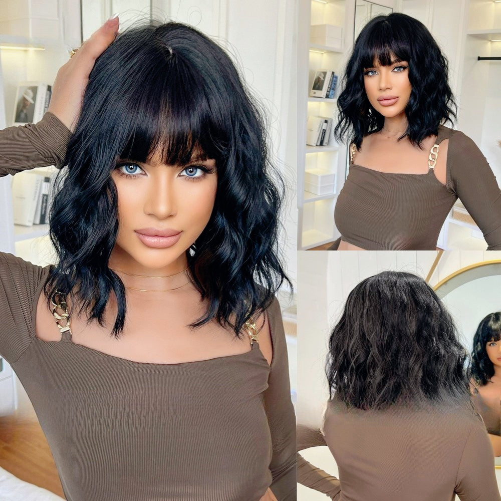 LANA-4  14 Inch Short Curly Bob Wig with Bangs, Natural Wavy Synthetic Wig for Women, Heat Resistant Fiber, Glueless Daily Party Wig, Lightweight & Breathable