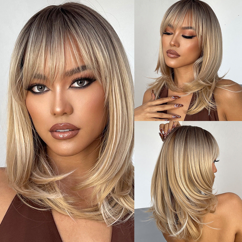 Yuna2 Long Straight Synthetic Wig with Bangs, Natural Black Brown Ombre Wig for Women, Heat Resistant Fiber, Natural Looking, Daily Party Wear