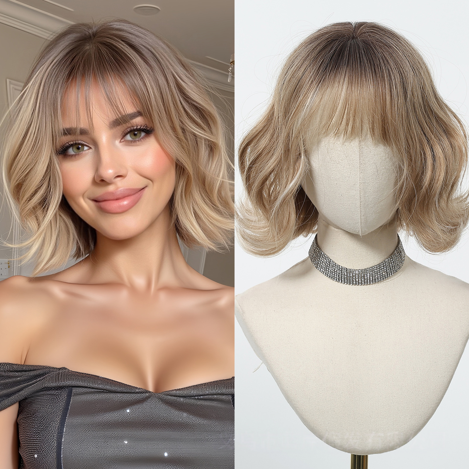 LANA-2  Platinum Blonde Short Bob Wig with Bangs, Straight Synthetic Wig for Women, Heat Resistant, Natural Looking Daily Party Wig