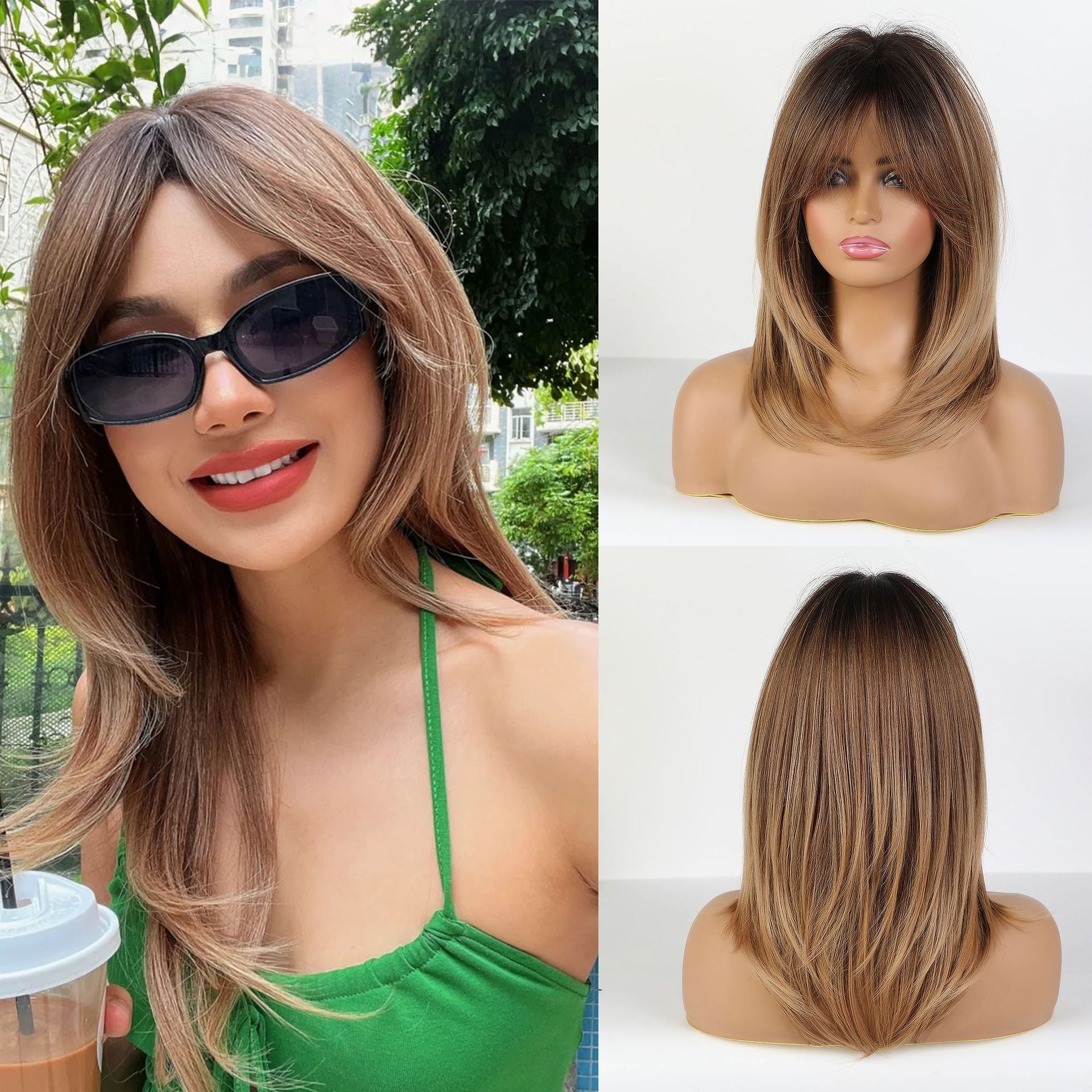 Yuna2 Long Straight Synthetic Wig with Bangs, Natural Black Brown Ombre Wig for Women, Heat Resistant Fiber, Natural Looking, Daily Party Wear